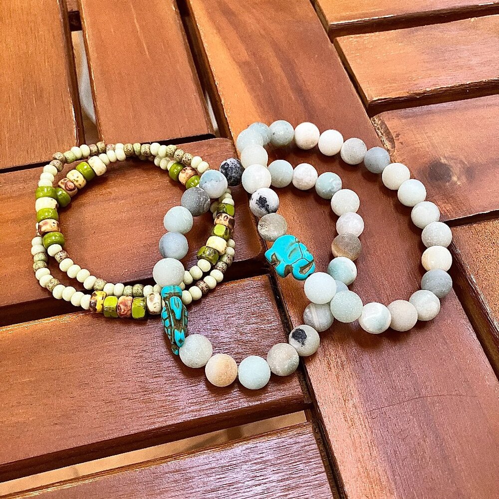 Stone Bead Bracelets + Boho + Elephant and Turtle + Wrap Bead Bracelet